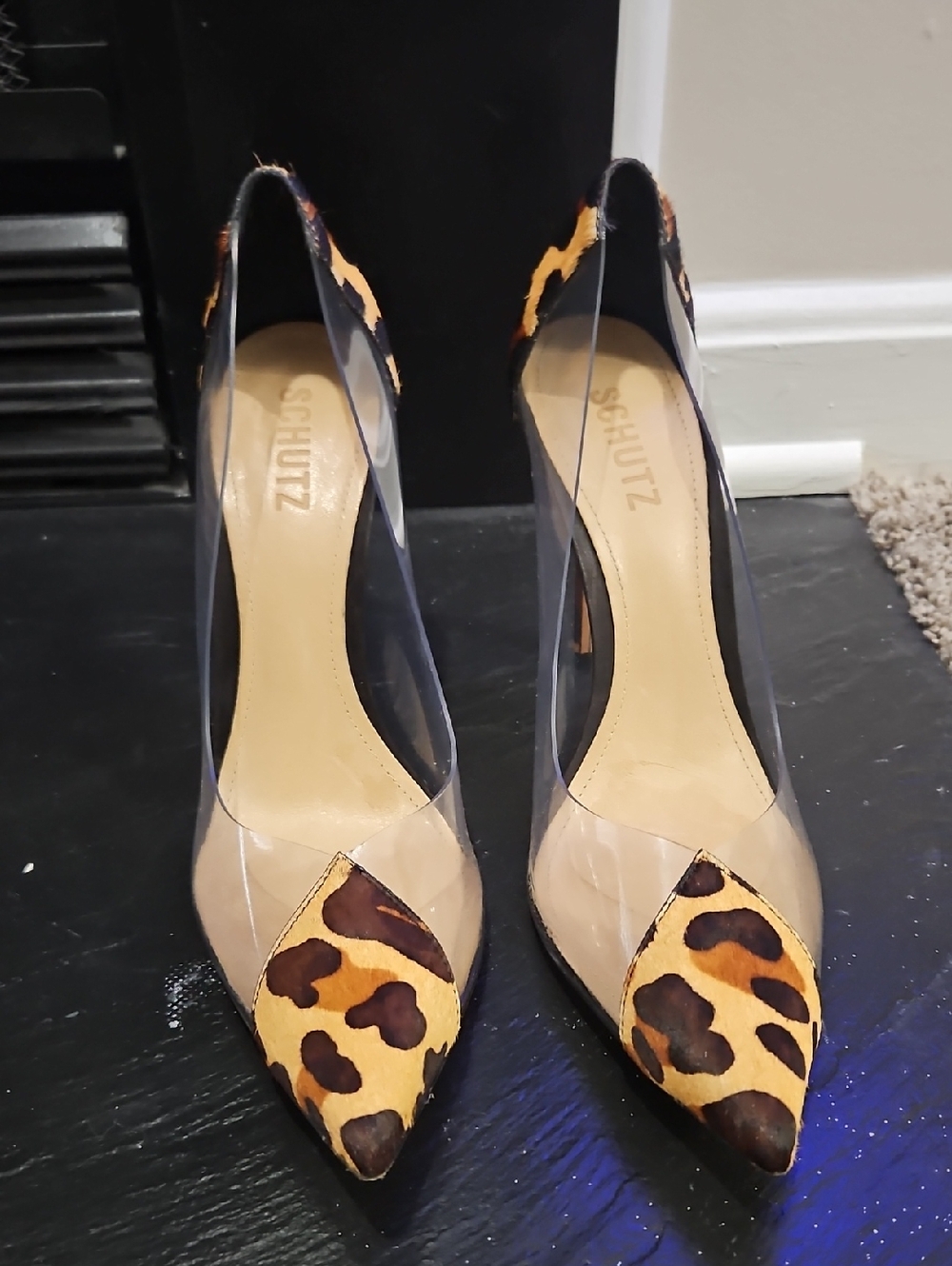 SCHUTZ Beige and Leopard-Print Clear Panel Pointed-Toe Pumps